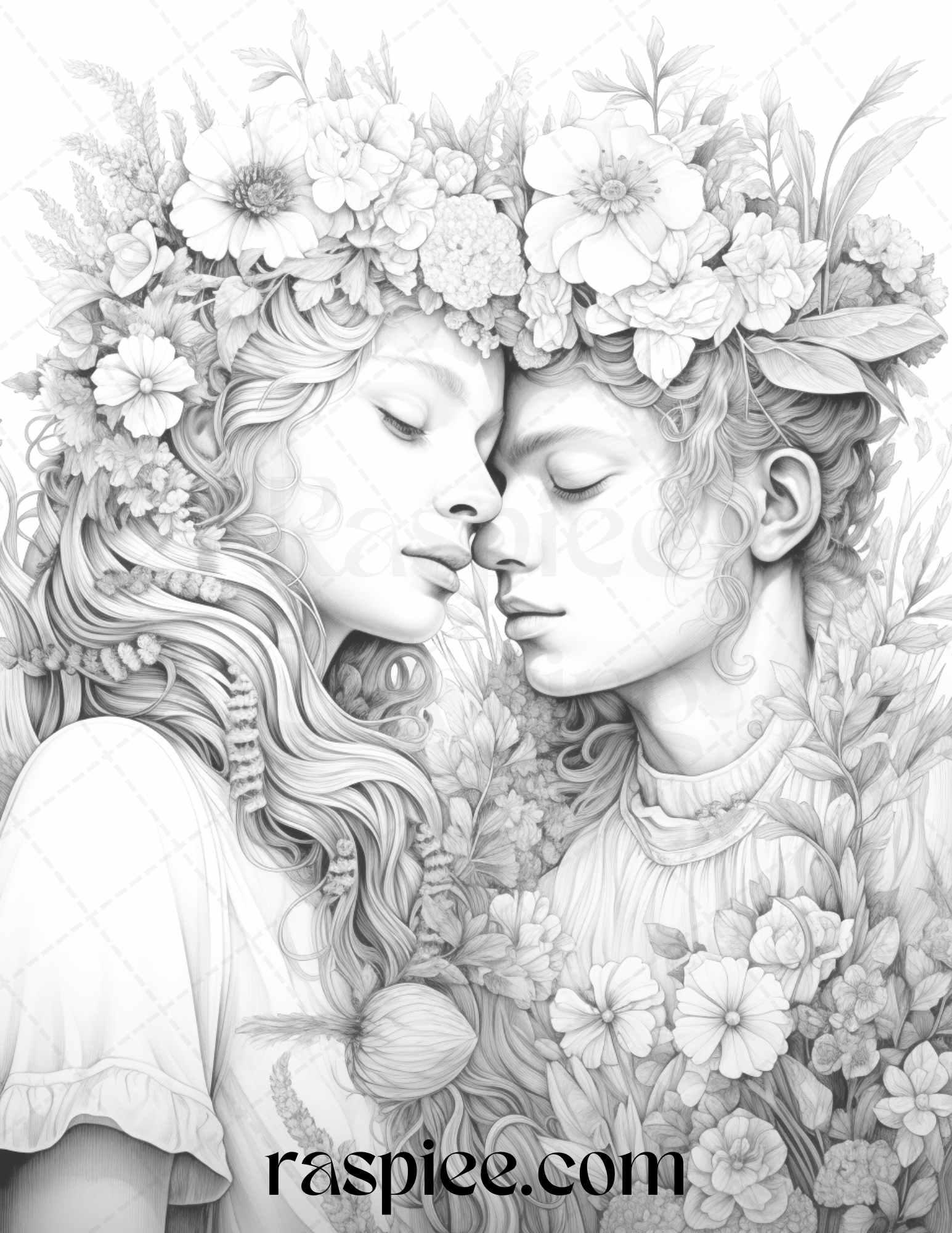 50 Romantic Couple Flowers Grayscale Coloring Pages Printable for Adults, PDF File Instant Download