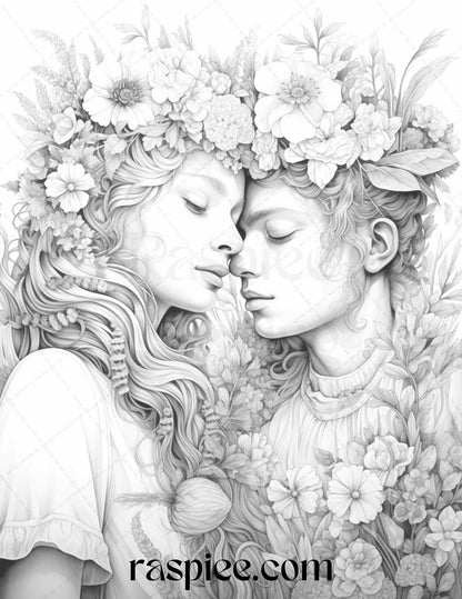 50 Romantic Couple Flowers Grayscale Coloring Pages Printable for Adults, PDF File Instant Download