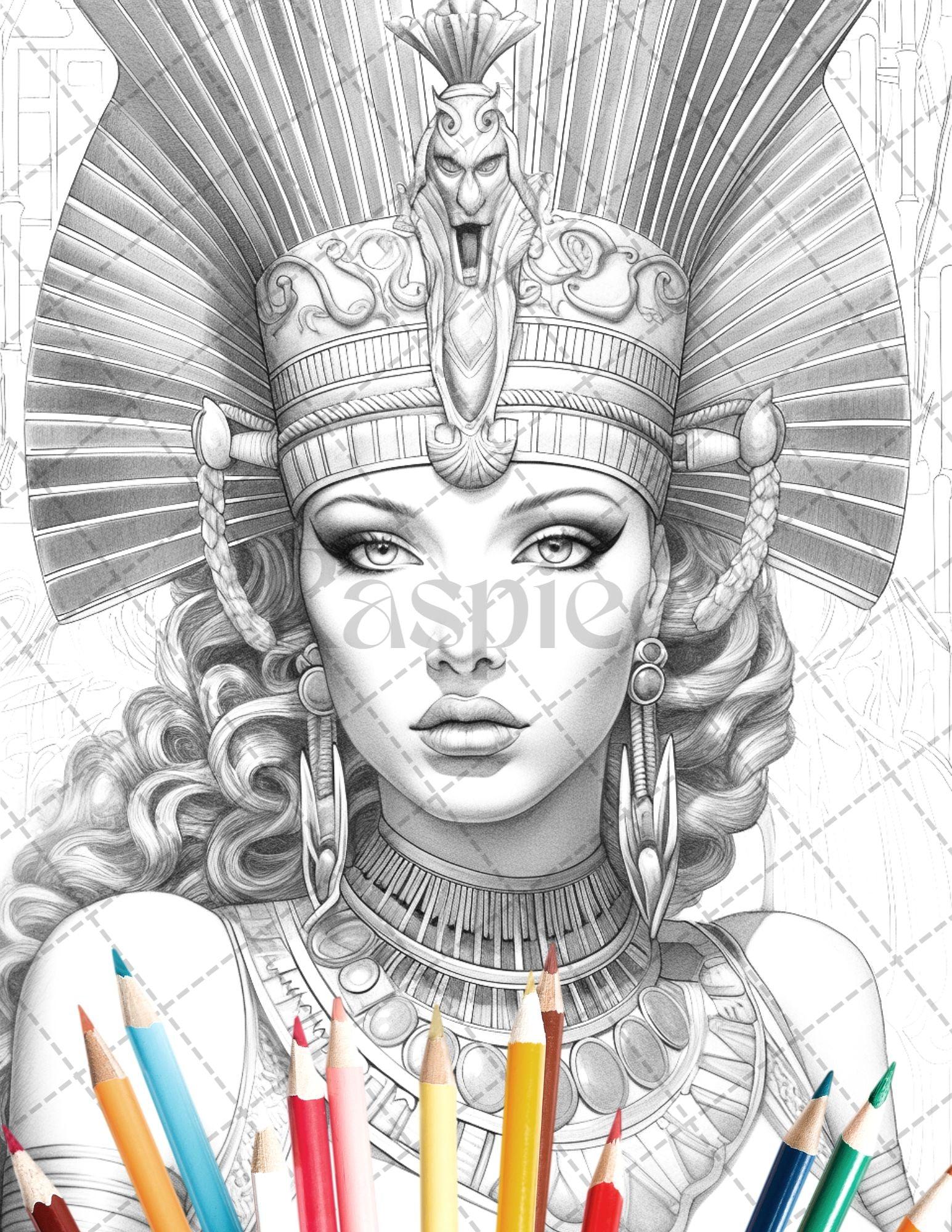 35 Ancient Egyptian Queens Coloring Book Printable for Adults, Grayscale Coloring Page, PDF File Instant Download