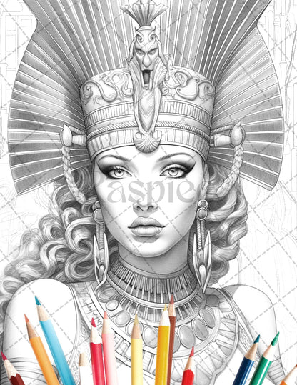 35 Ancient Egyptian Queens Coloring Book Printable for Adults, Grayscale Coloring Page, PDF File Instant Download