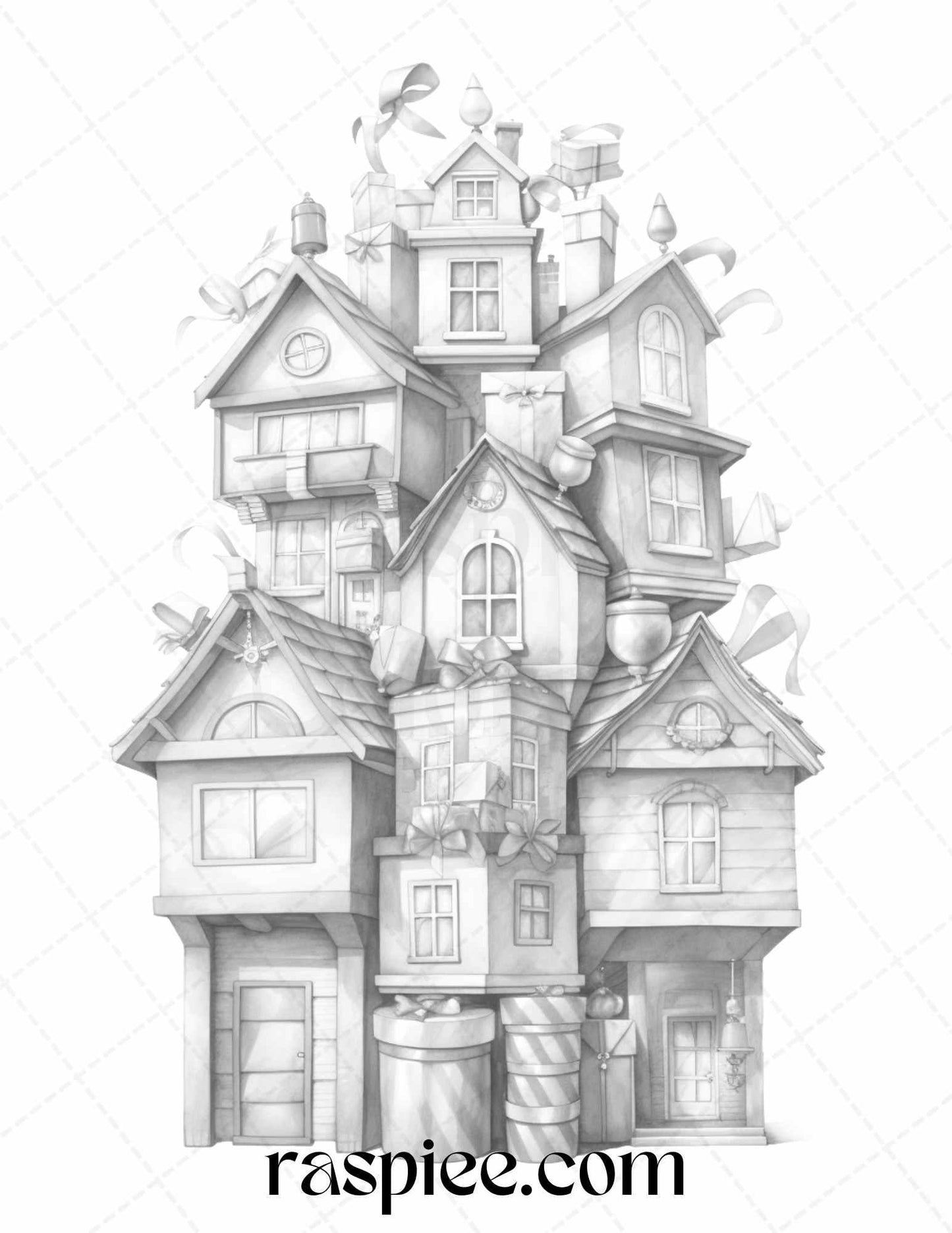 40 Adorable Gift Box Houses Grayscale Coloring Pages Printable for Adults Kids, PDF File Instant Download