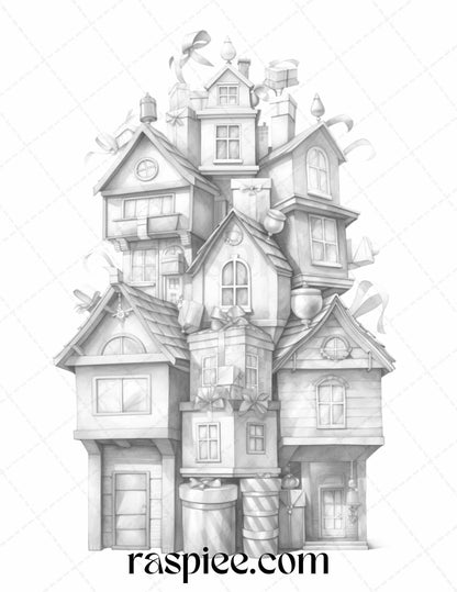 40 Adorable Gift Box Houses Grayscale Coloring Pages Printable for Adults Kids, PDF File Instant Download