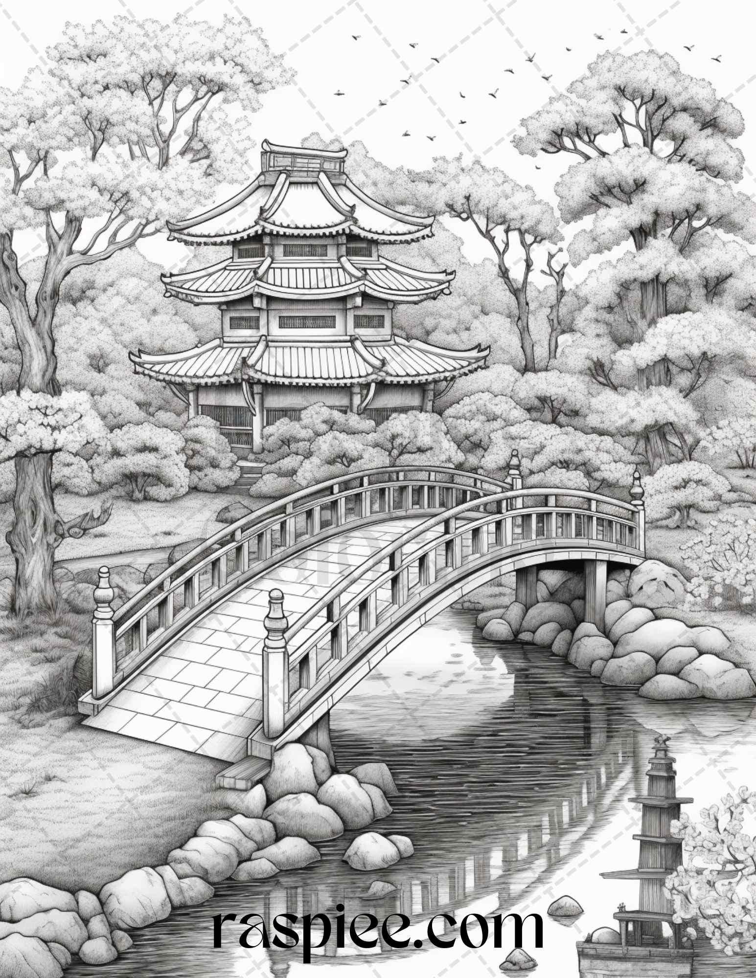 Japanese Garden Grayscale Coloring Pages Printable for Adults, PDF File Instant Download