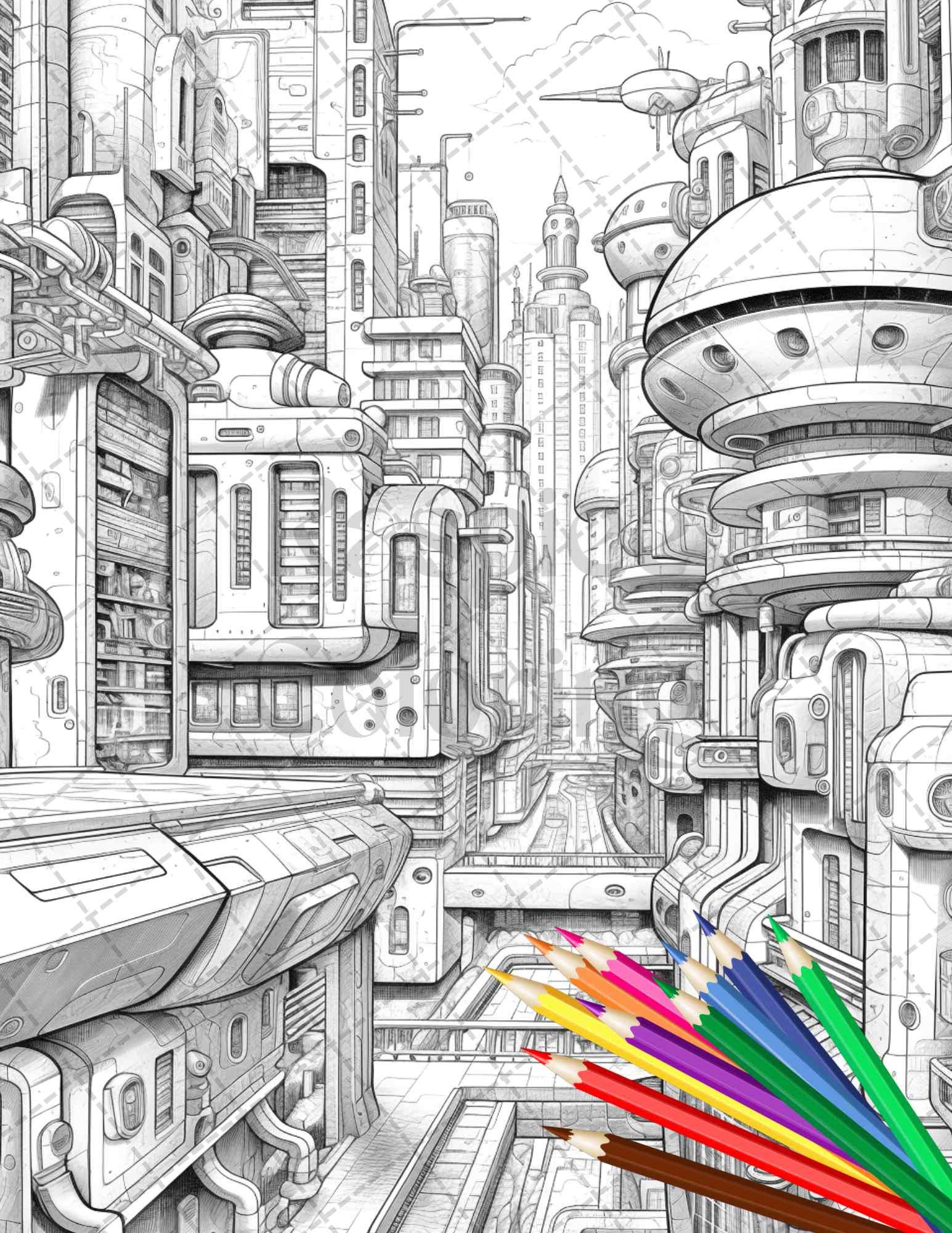 50 Futuristic Metropolis Grayscale Coloring Pages Printable for Adults, PDF File Instant Download