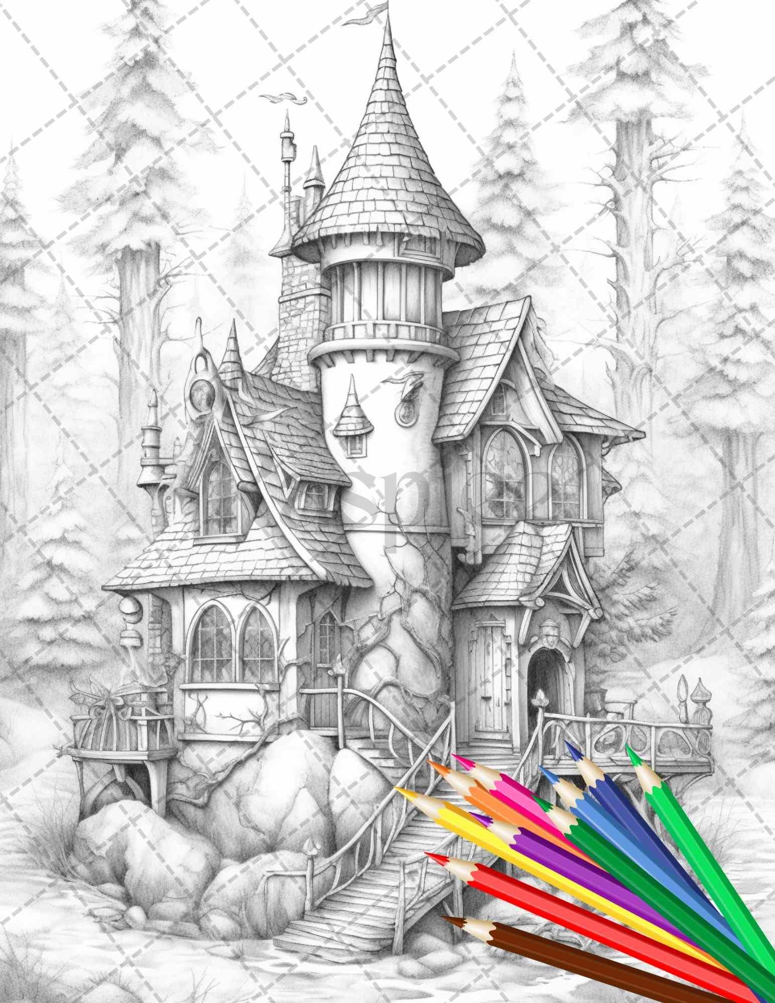 63 Winter Fairy Houses Grayscale Coloring Pages Printable for Adults, PDF File Instant Download