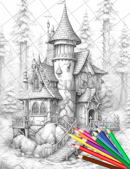 63 Winter Fairy Houses Grayscale Coloring Pages Printable for Adults, PDF File Instant Download