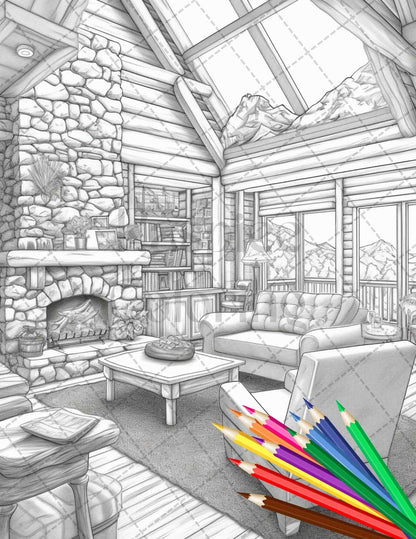 Cozy Cabin Interior Grayscale Coloring Pages Printable for Adults, PDF File Instant Download