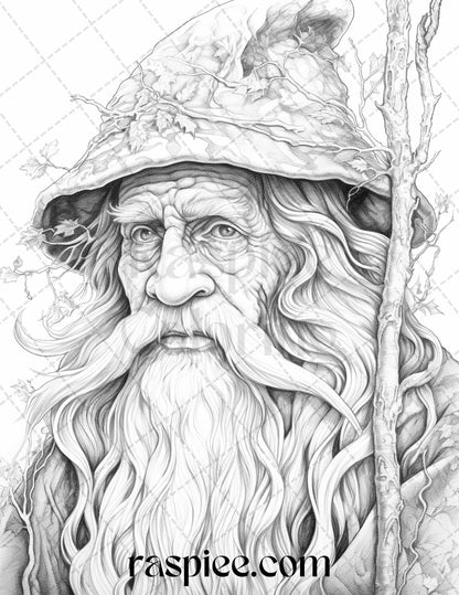 50 Magical Wizard Grayscale Coloring Pages for Adults, Printable PDF File Instant Download