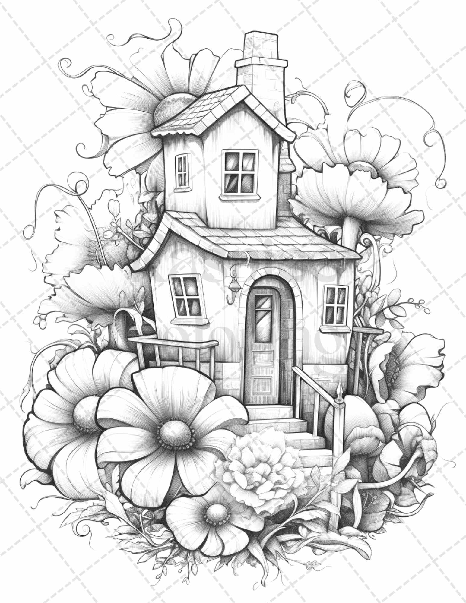60 Flower Houses Grayscale Coloring Pages Printable for Adults, PDF File Instant Download
