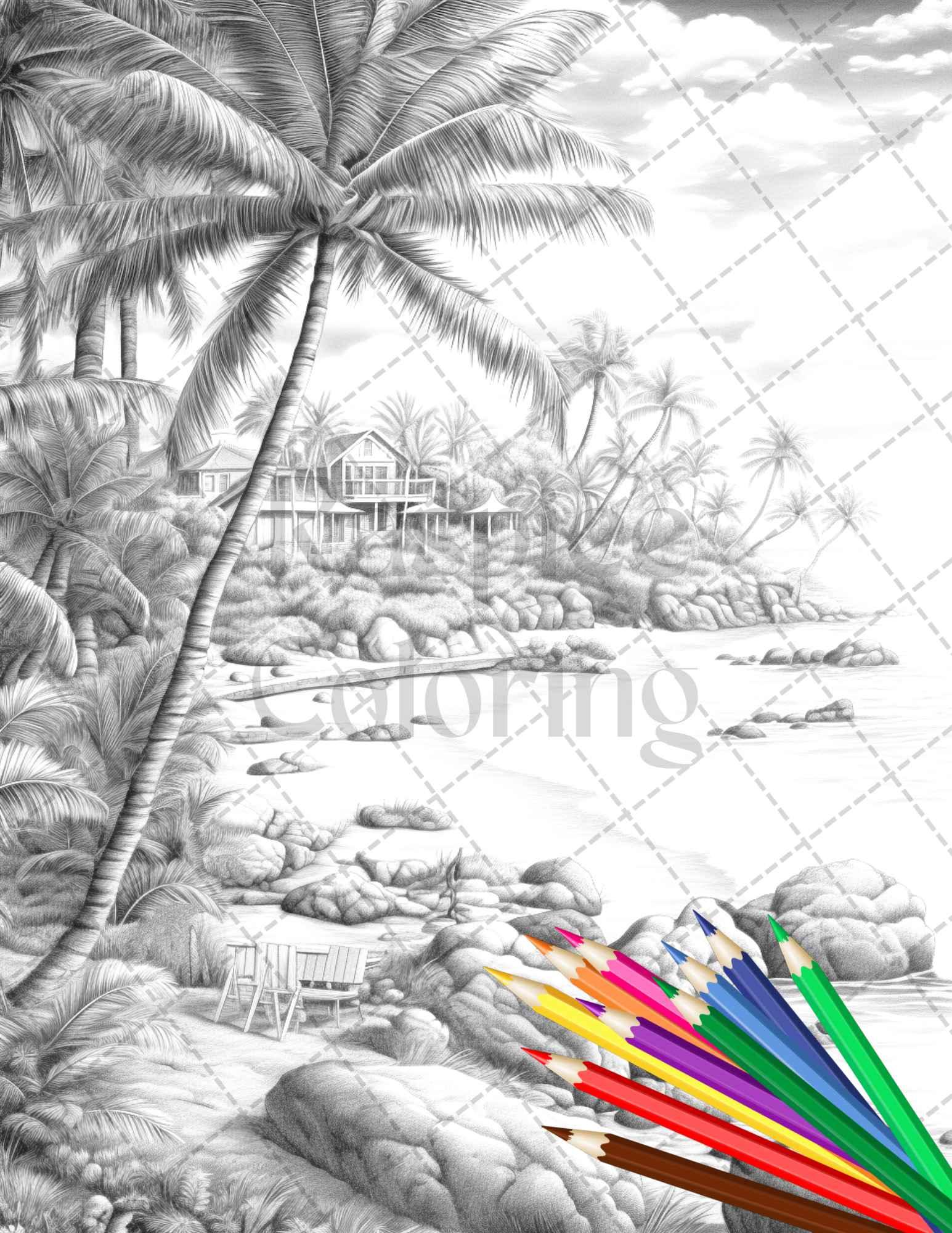 Beautiful Tropical Beach Grayscale Coloring Pages Printable for Adults, PDF File Instant Download