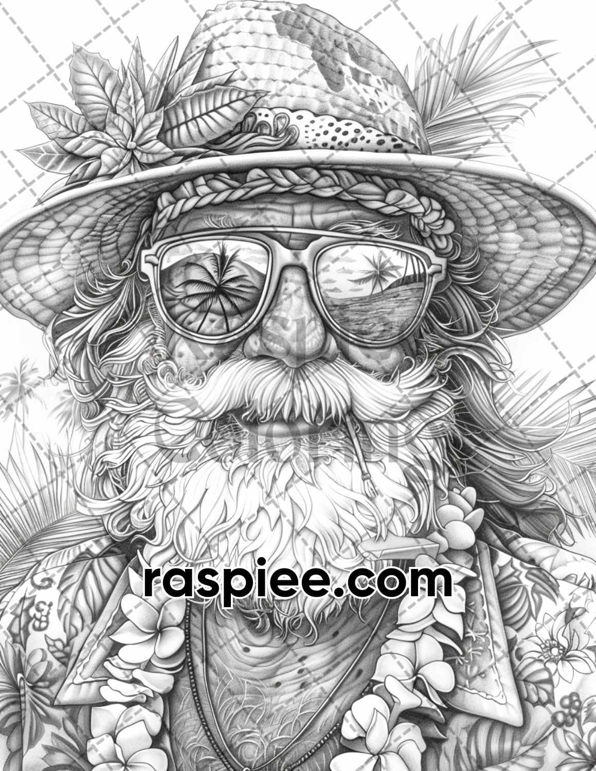 60 Santa Christmas in July Grayscale Adult Coloring Pages Printable PDF Instant Download