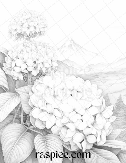 60 Mountain Flower Landscapes Grayscale Coloring Pages Printable for Adults, PDF File Instant Download
