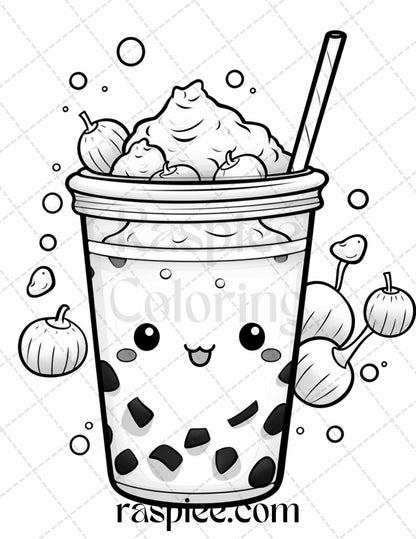 50 Cute Kawaii Boba Tea Grayscale Coloring Pages for Adults and Kids, Printable PDF File Instant Download