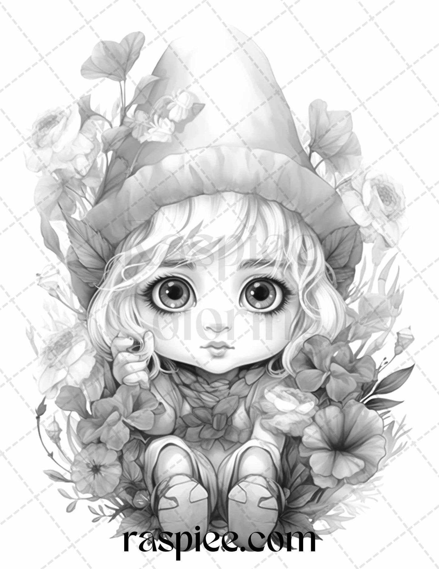 50 Flower Gnomes Grayscale Coloring Pages Printable for Adults Kids, PDF File Instant Download