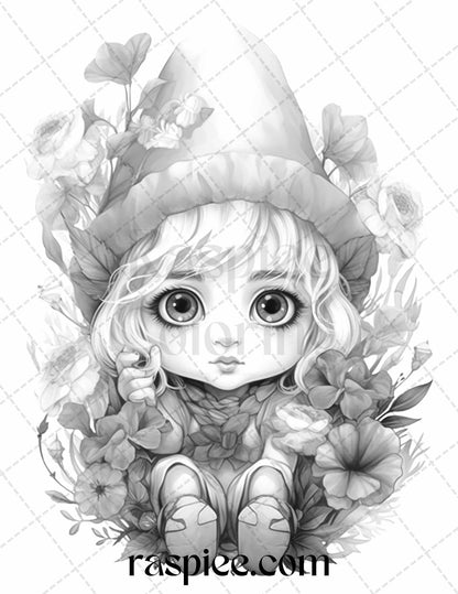 50 Flower Gnomes Grayscale Coloring Pages Printable for Adults Kids, PDF File Instant Download