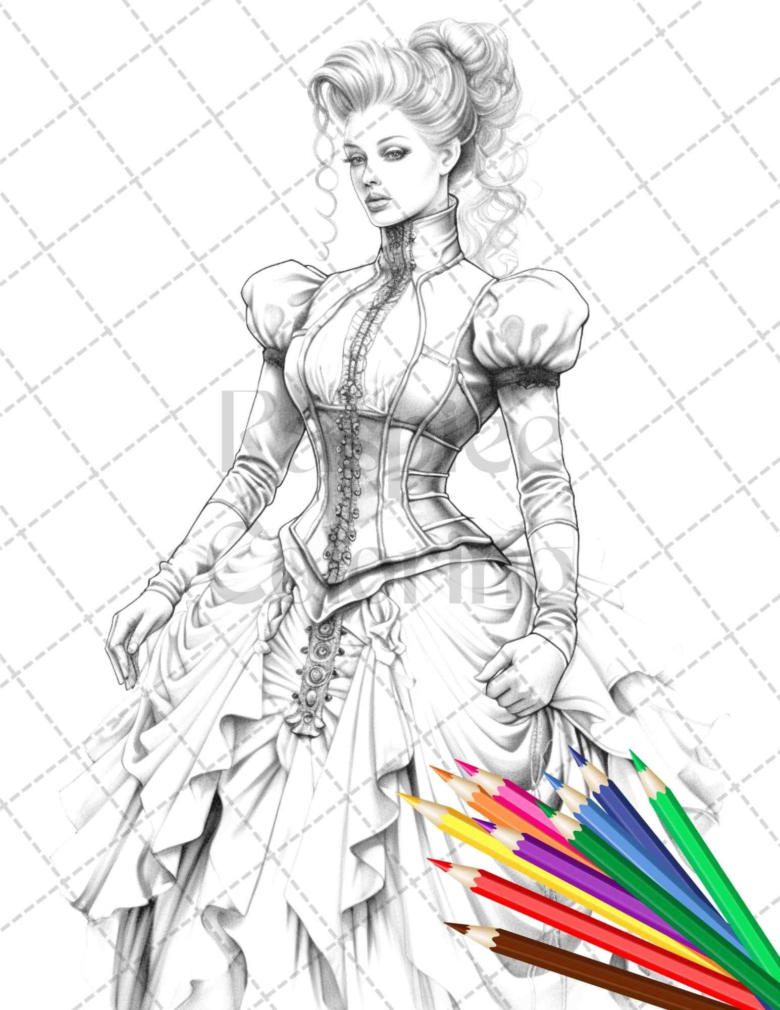 50 Victorian Fashion Grayscale Coloring Pages Printable for Adults, PDF File Instant Download