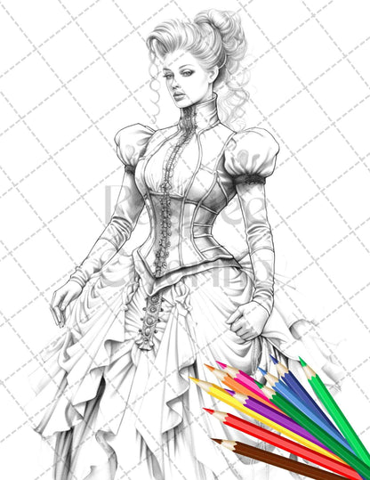 50 Victorian Fashion Grayscale Coloring Pages Printable for Adults, PDF File Instant Download
