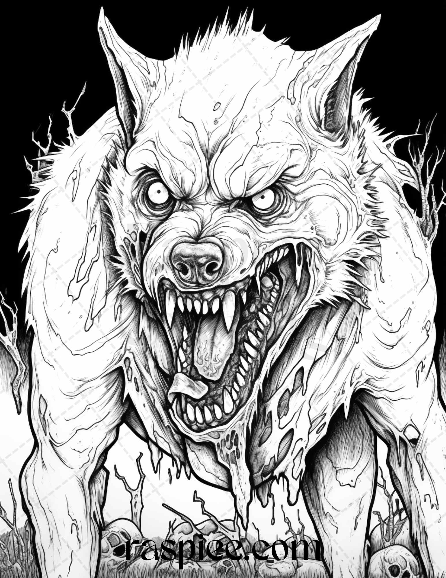 66 Horror Zombie Animals Grayscale Coloring Pages Printable for Adults, PDF File Instant Download