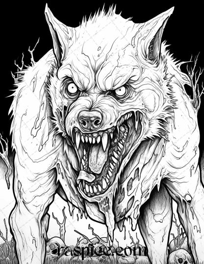 66 Horror Zombie Animals Grayscale Coloring Pages Printable for Adults, PDF File Instant Download