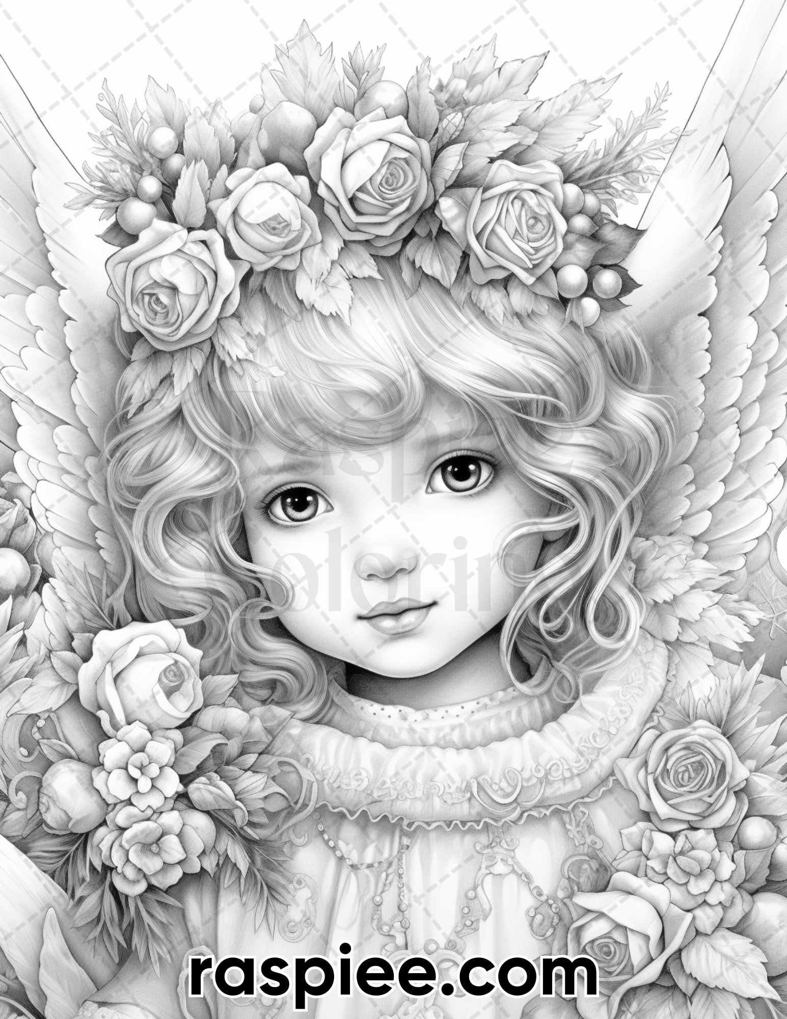 55 Christmas Angel Grayscale Coloring Pages for Adults, Printable PDF Instant Download