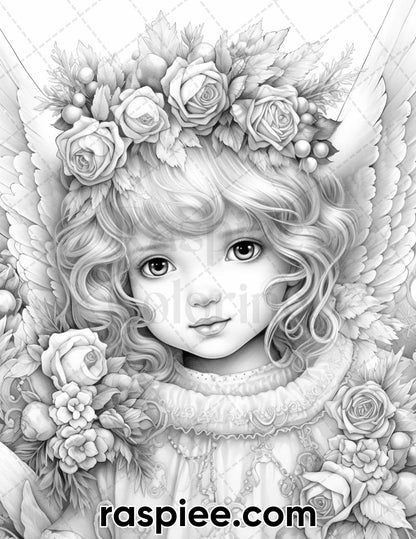 55 Christmas Angel Grayscale Coloring Pages for Adults, Printable PDF Instant Download