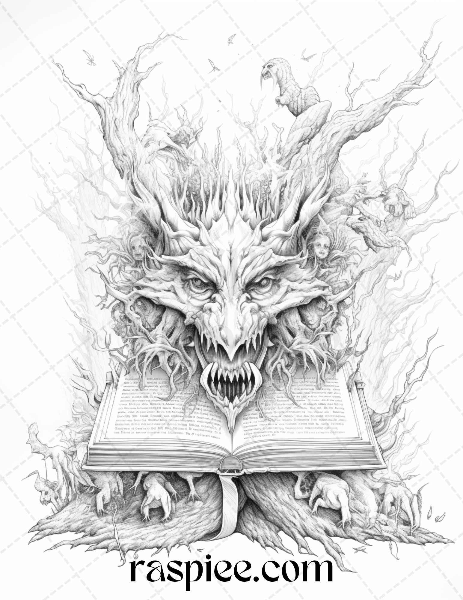 50 Magical Books Grayscale Coloring Pages Printable for Adults, PDF File Instant Download