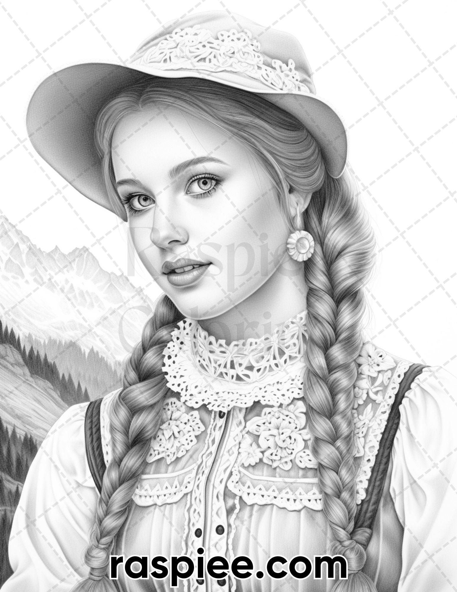 55 Traditional Swiss Girls Grayscale Adult Coloring Pages, Printable PDF Instant Download