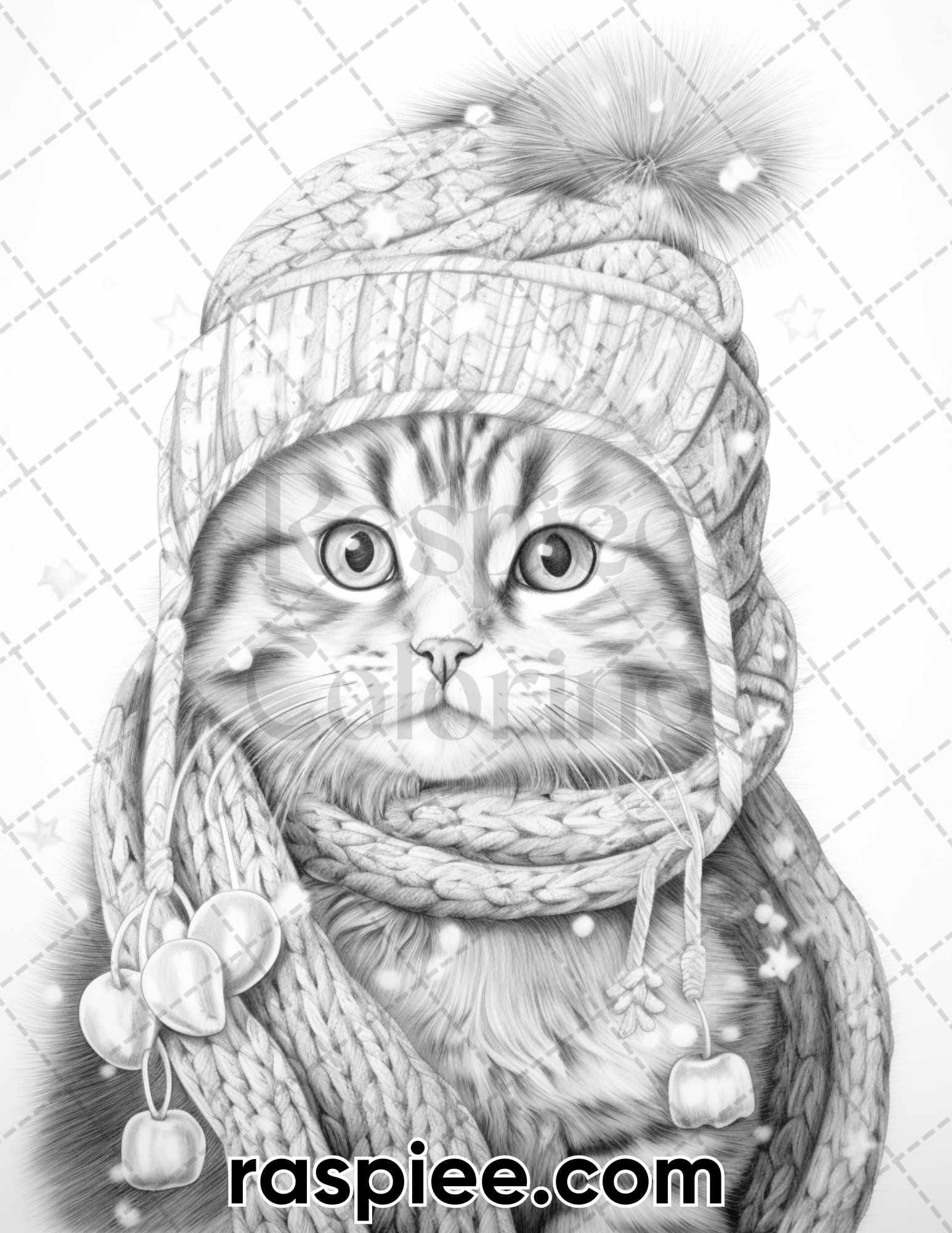 40 Christmas Cats Grayscale Coloring Pages for Adults, Printable PDF Instant Download