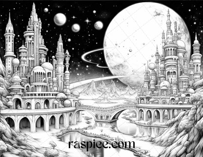 55 Celestial Landscapes Grayscale Coloring Pages Printable for Adults, PDF File Instant Download