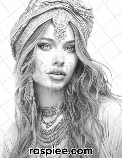 60 Bohemian Beauties Grayscale Coloring Pages for Adults, Printable PDF Instant Download