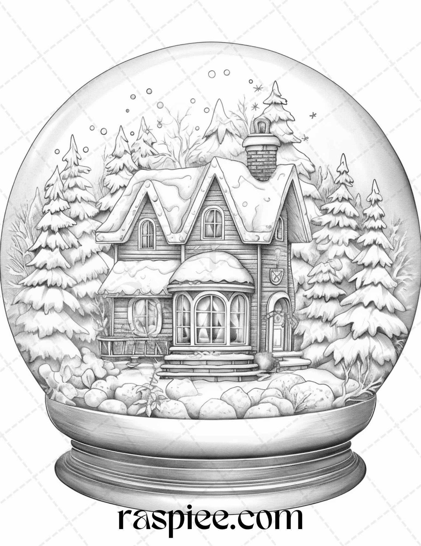 Cozy Cabin in Snow Globe Grayscale Coloring Pages Printable for Adults, PDF File Instant Download