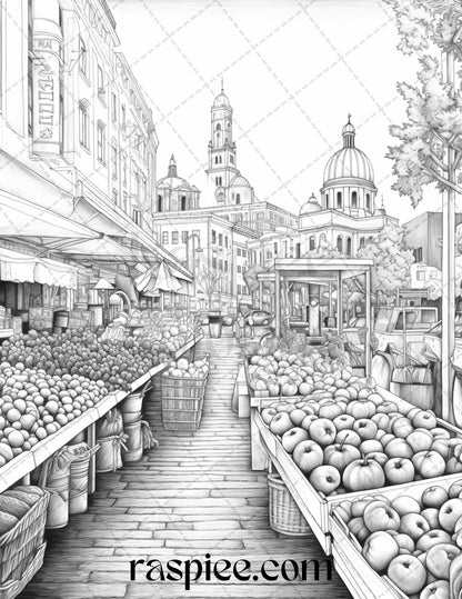Autumn Street Markets Grayscale Coloring Pages for Adults, Printable PDF File Instant Download