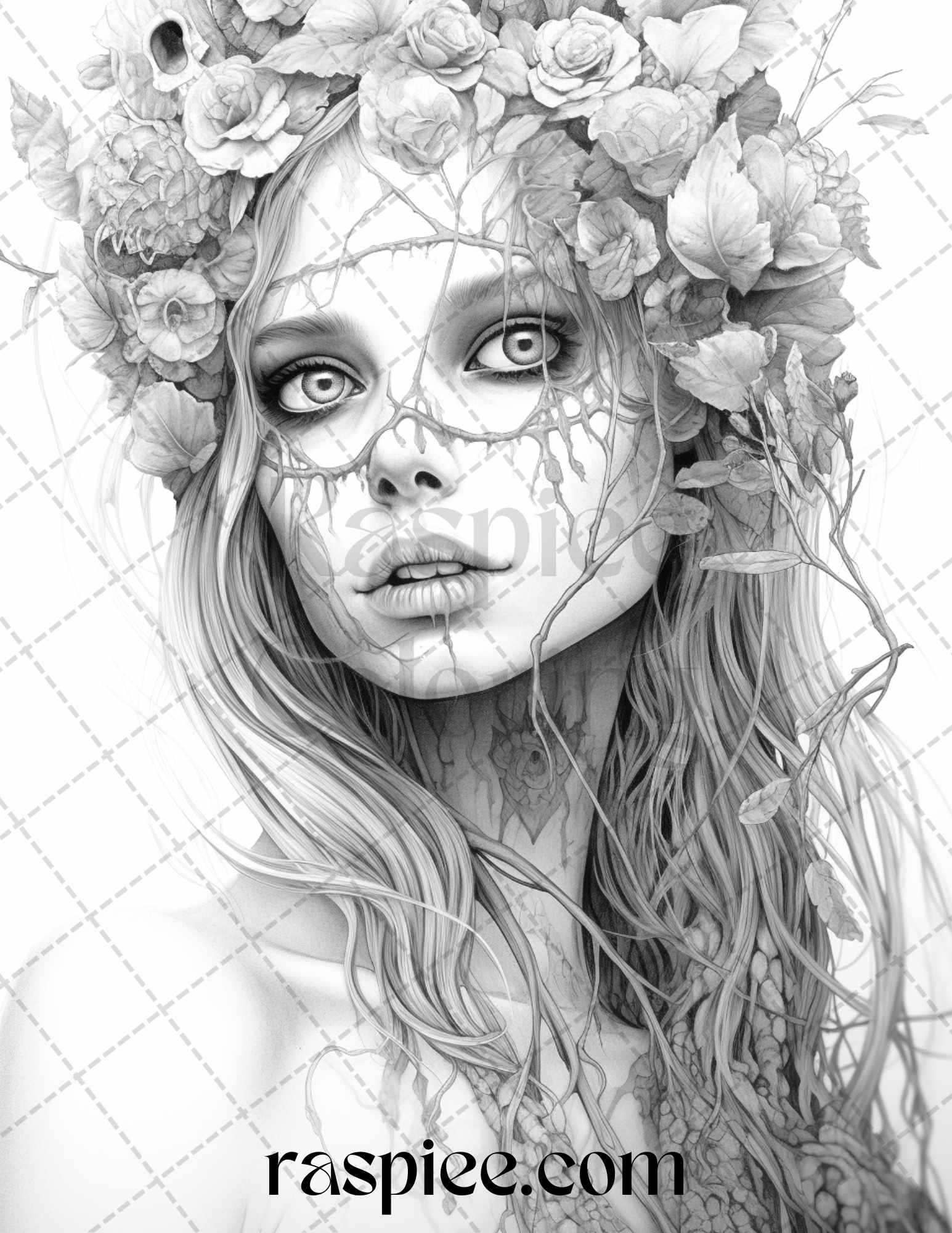 60 Halloween Zombie Fairy Grayscale Coloring Pages Printable for Adults, PDF File Instant Download