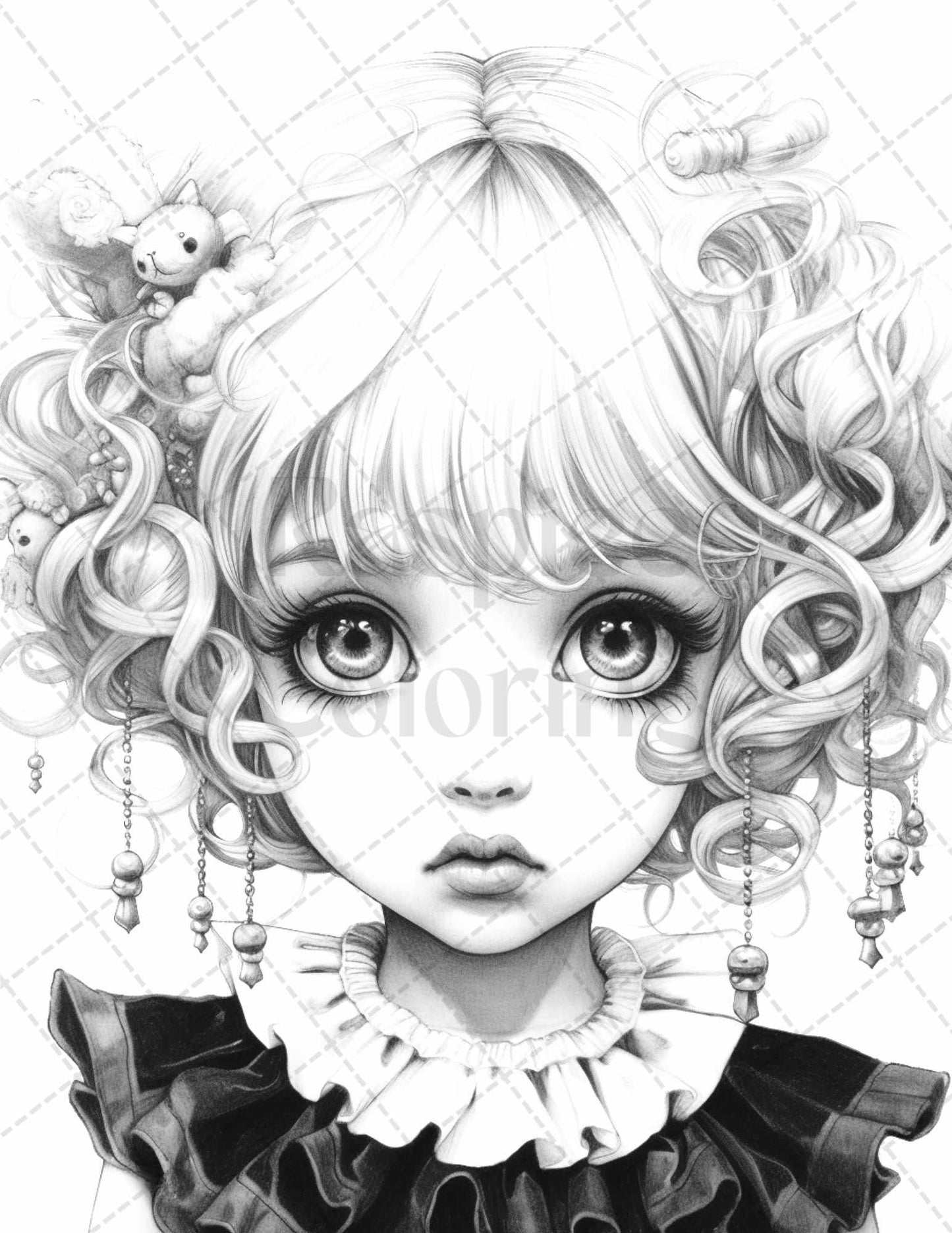 60 Adorable Gothic Girls Grayscale Coloring Pages Printable for Adults, PDF File Instant Download