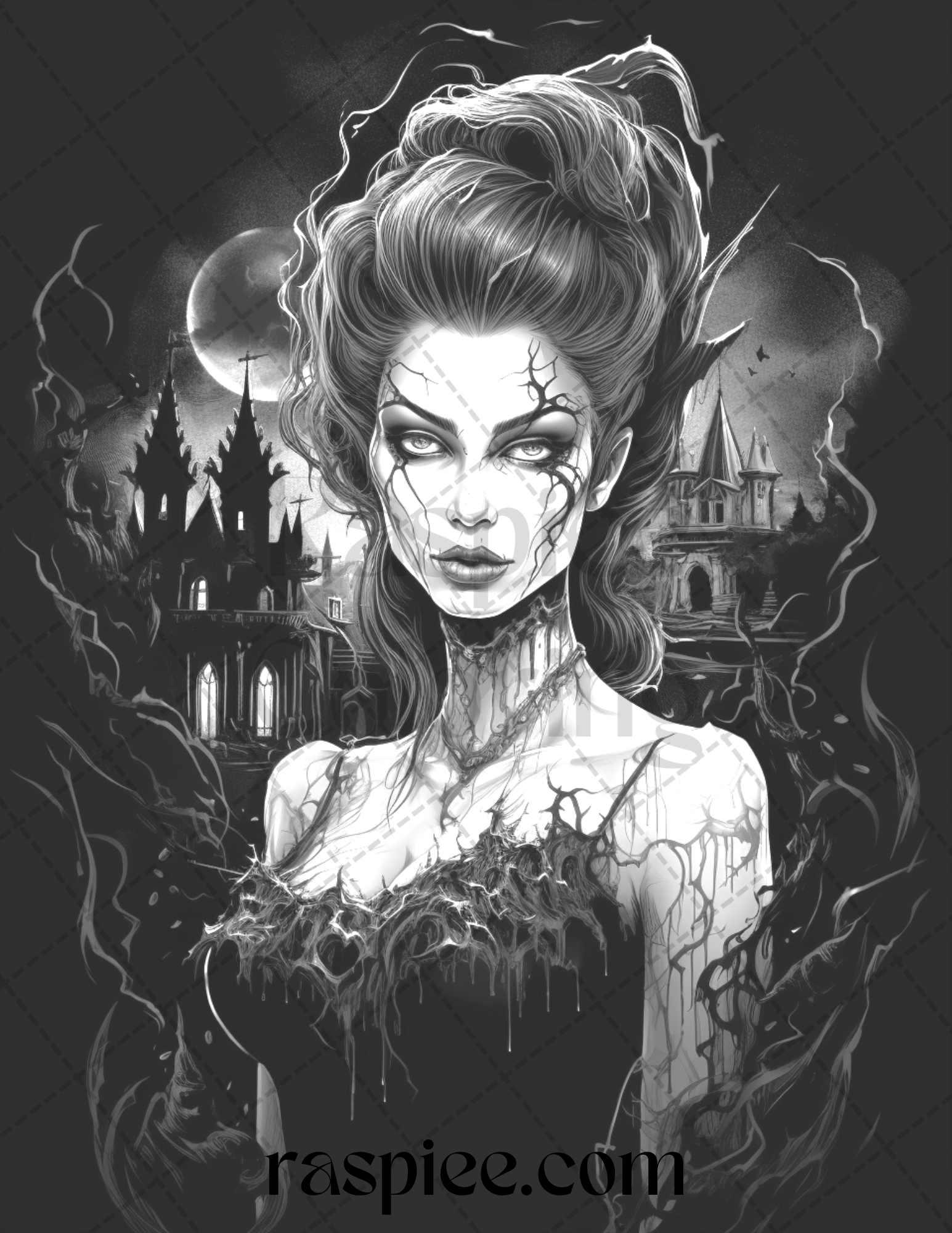 60 Halloween Vampire Grayscale Coloring Pages Printable for Adults, PDF File Instant Download
