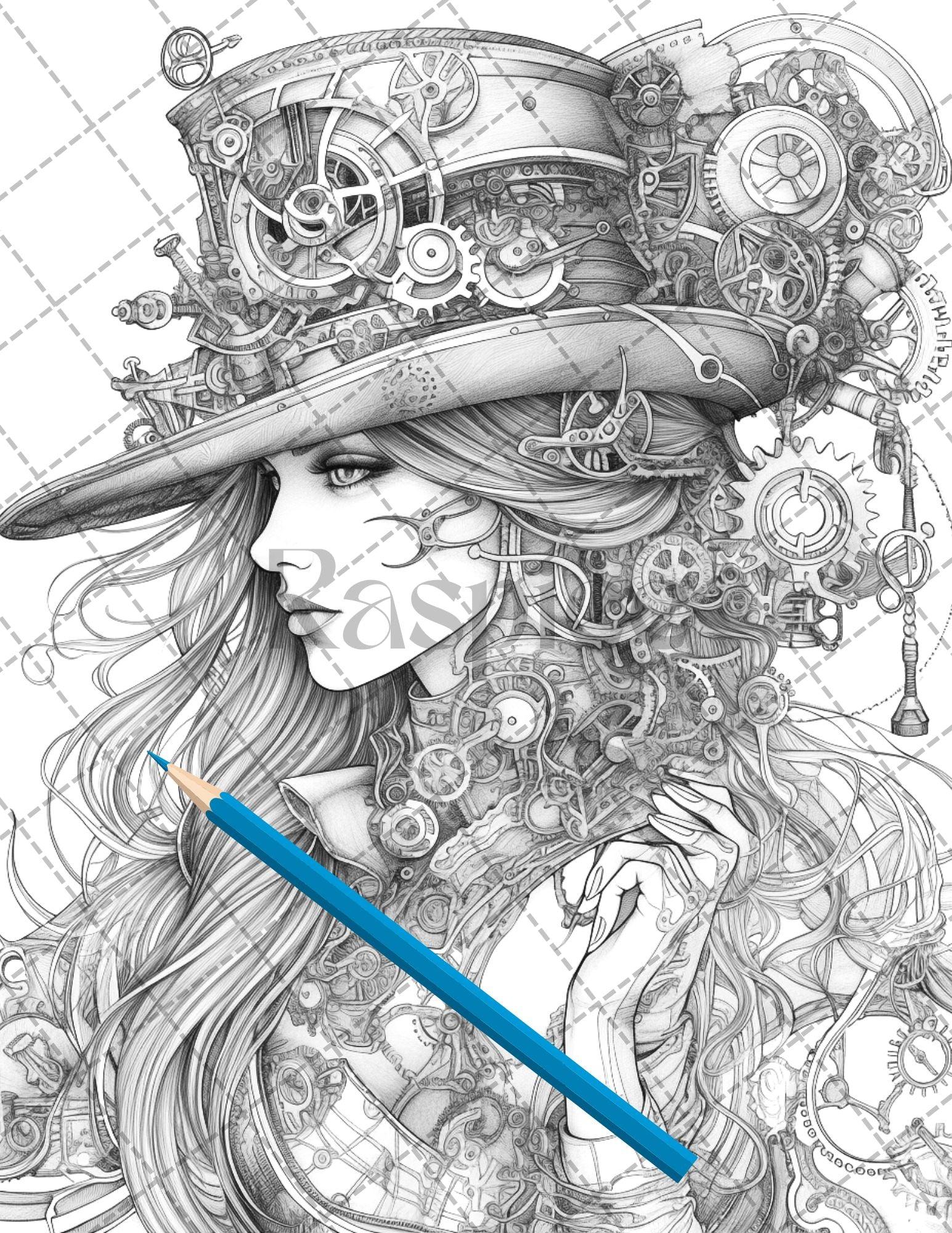 30 Steampunk Girls Coloring Pages Printable for Adults, Victorian Inspired Adult Grayscale Coloring Book, PDF File Download