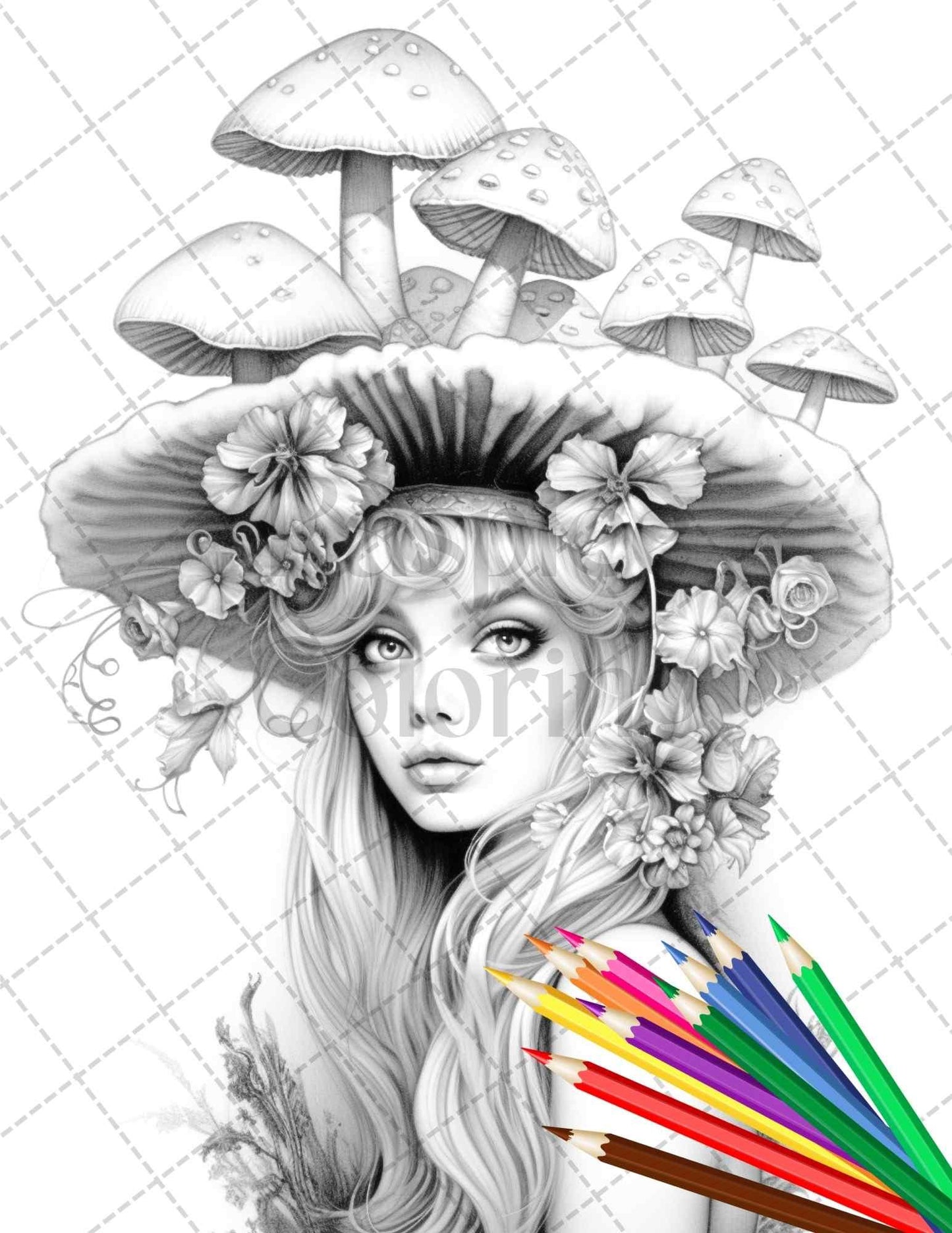 50 Mushroom Fairy Grayscale Coloring Pages Printable for Adults, PDF File Instant Download