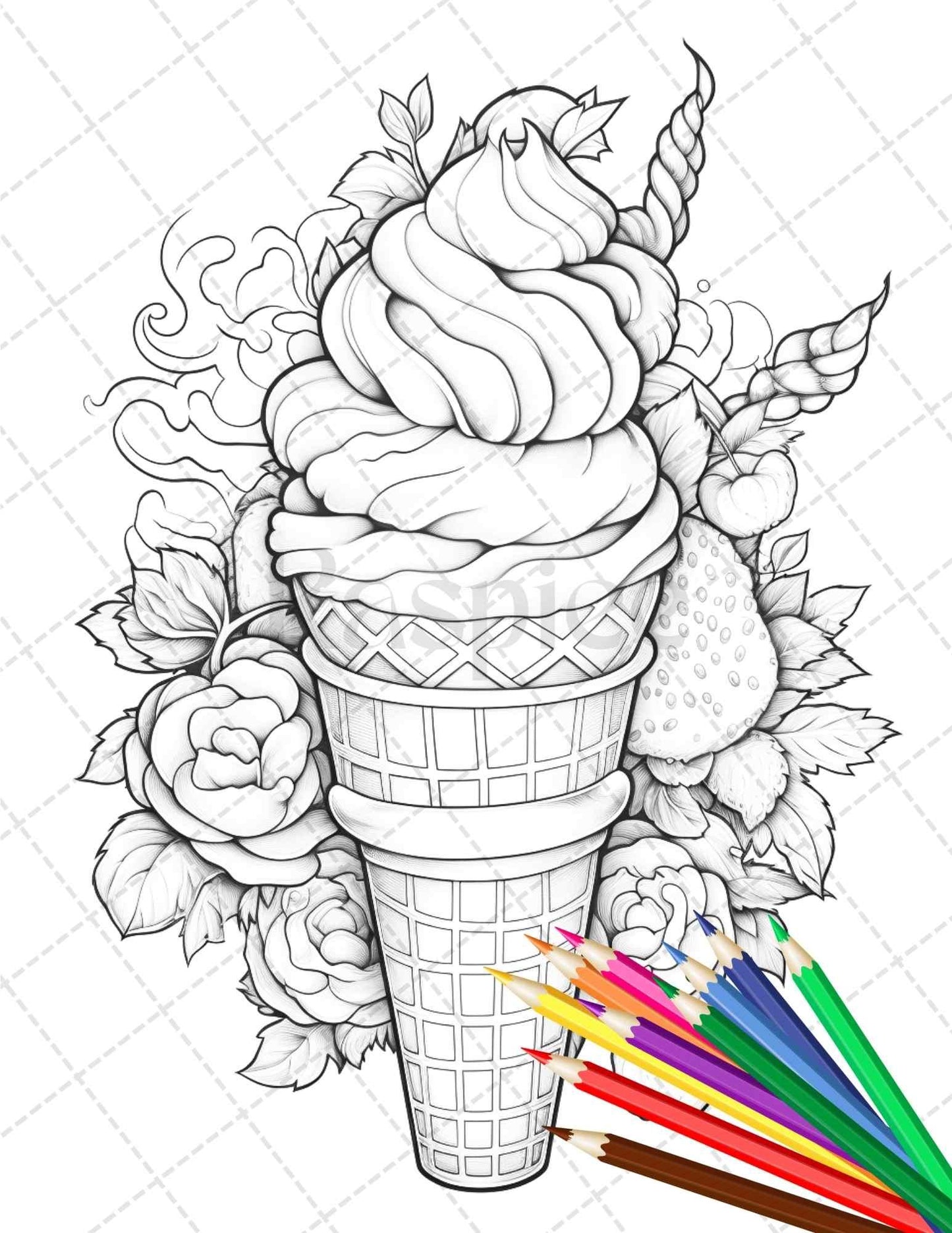 52 Printable Ice Cream Desserts Coloring Pages for Adults and Kids, Grayscale Coloring Page, PDF File Instant Download