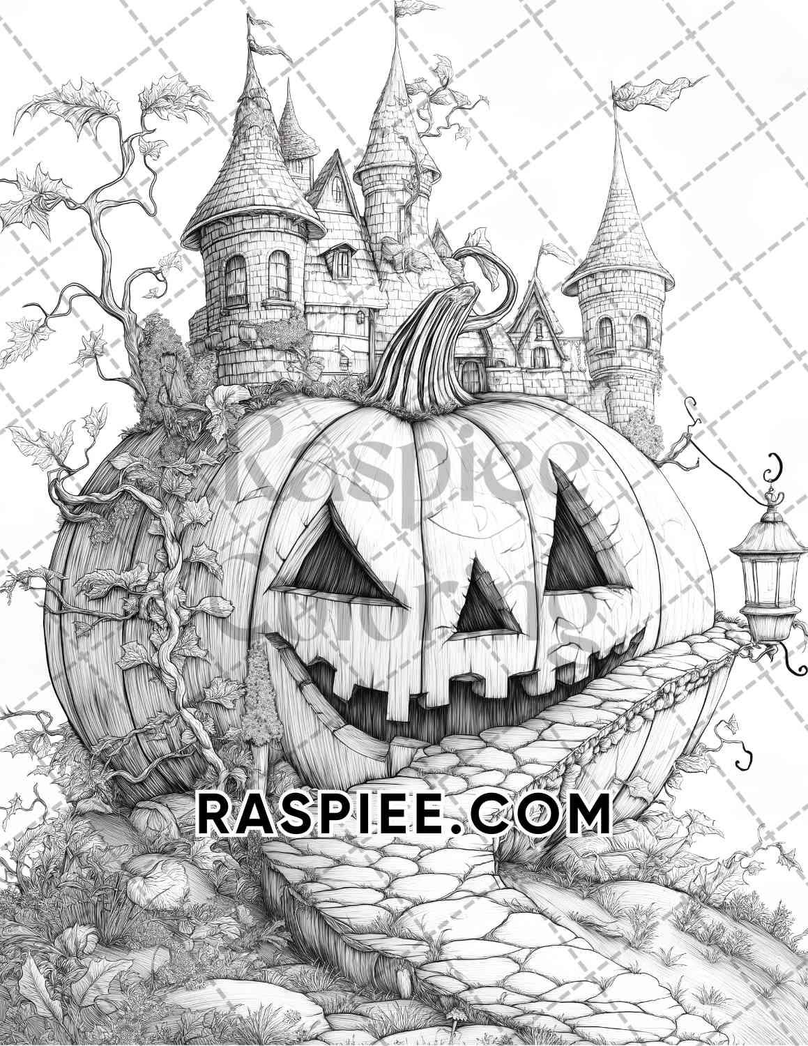 Fantasy Giant Pumpkin Castles Adult Coloring Pages Printable PDF Instant Download