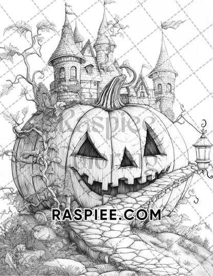 Fantasy Giant Pumpkin Castles Adult Coloring Pages Printable PDF Instant Download