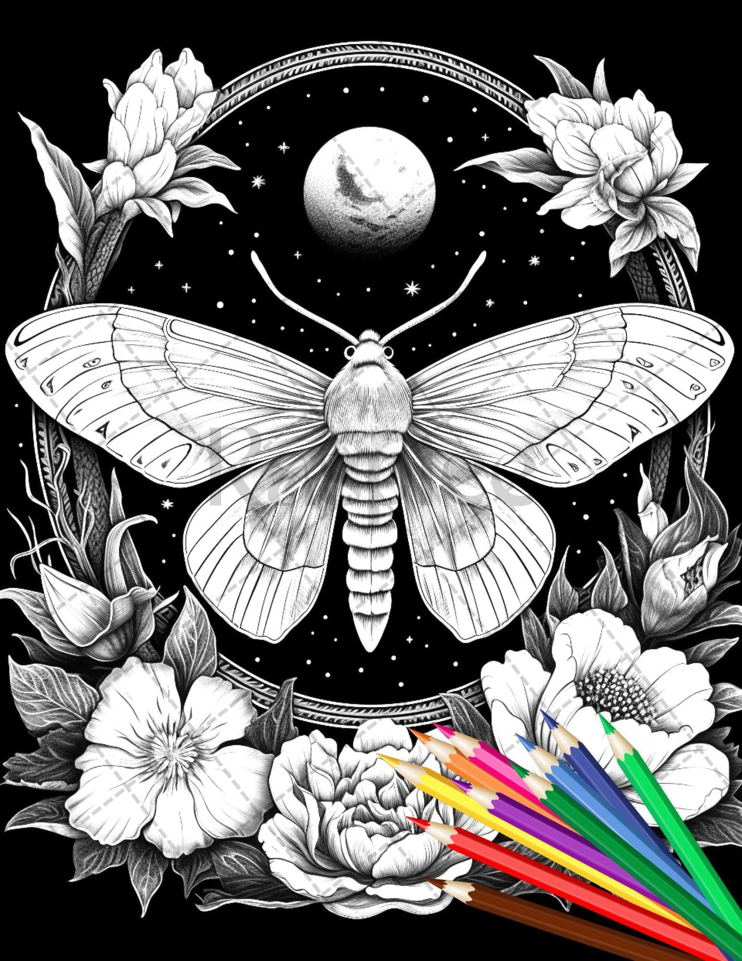 32 Beautiful Moths and Floral Coloring Book for Adults, Grayscale Coloring Page, Printable PDF Instant Download