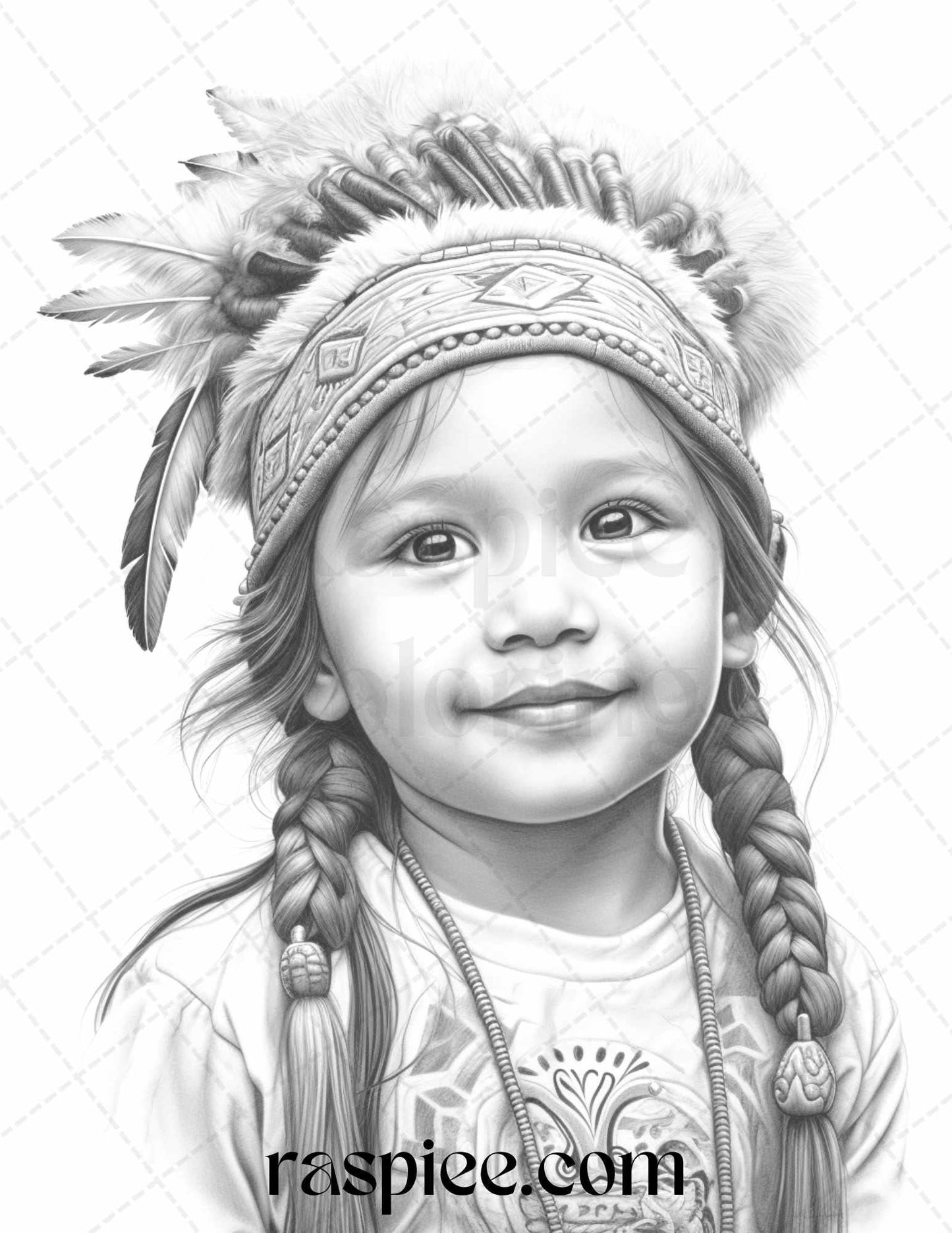 50 Native American Little Girls Boys Grayscale Coloring Pages Printable for Adults Kids, PDF File Instant Download