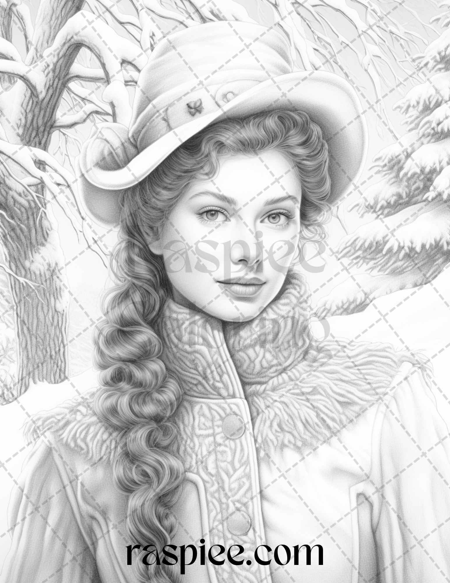 60 Victorian Winter Portrait Grayscale Coloring Pages Printable for Adults, PDF File Instant Download