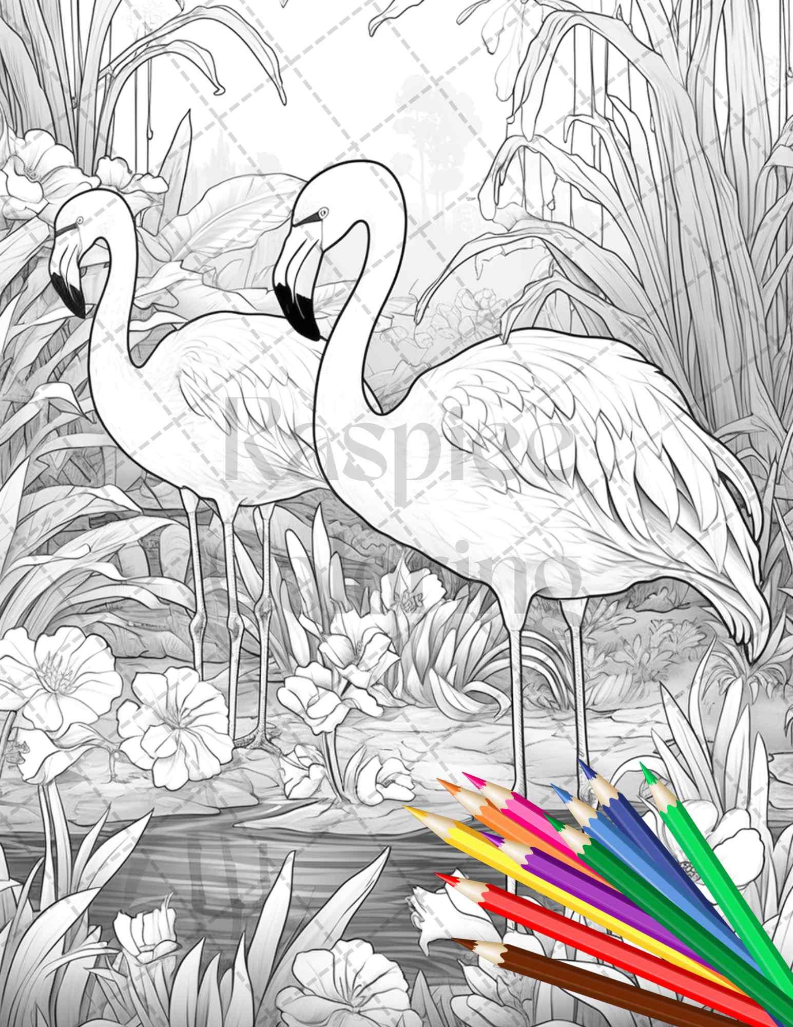 Flamingo Oasis Grayscale Coloring Pages Printable for Adults, PDF File Instant Download