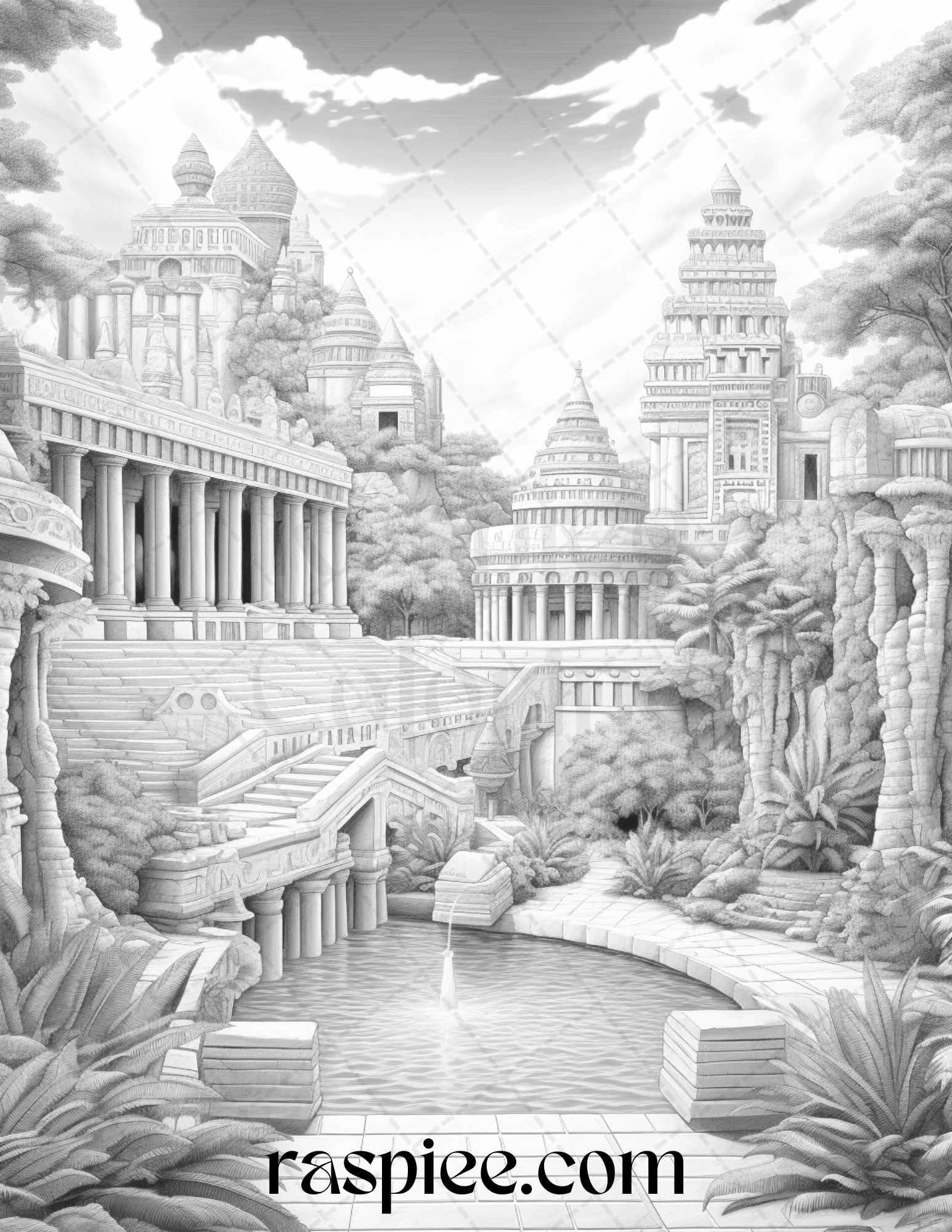 Hanging Gardens of Babylon Grayscale Coloring Pages Printable, PDF File Instant Download