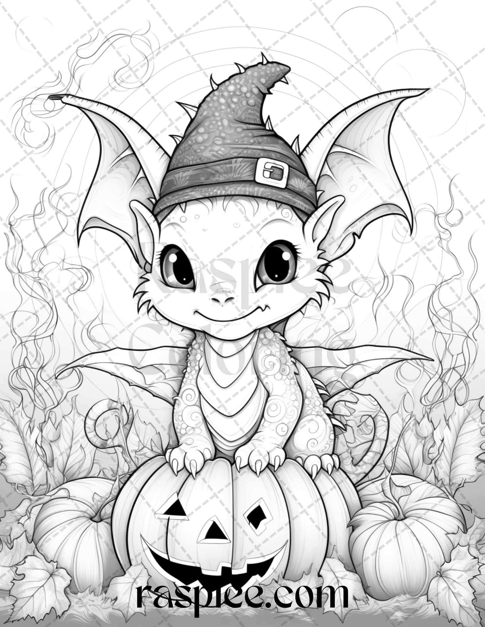 50 Cute Pumpkin Dragons Graycale Coloring Pages for Adults and Kids, Printable PDF File Instant Download