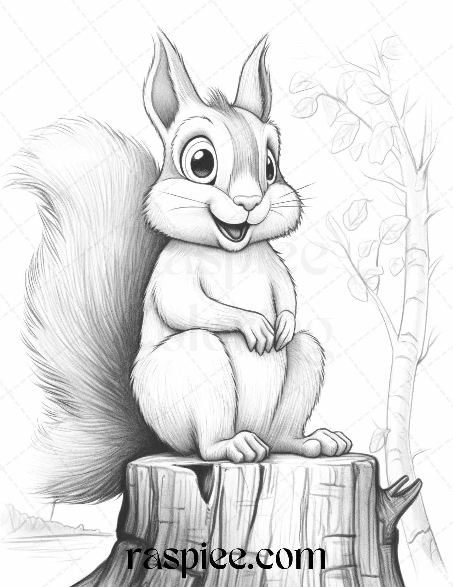 52 Adorable Squirrels Grayscale Coloring Pages Printable for Adults Kids, PDF File Instant Download