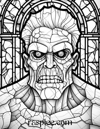 70 Halloween Stained Glass Grayscale Coloring Pages Printable for Adults, PDF File Instant Download