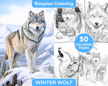 50 Winter Wolf Grayscale Coloring Pages for Adults, Printable PDF Instant Download