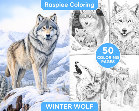 50 Winter Wolf Grayscale Coloring Pages for Adults, Printable PDF Instant Download
